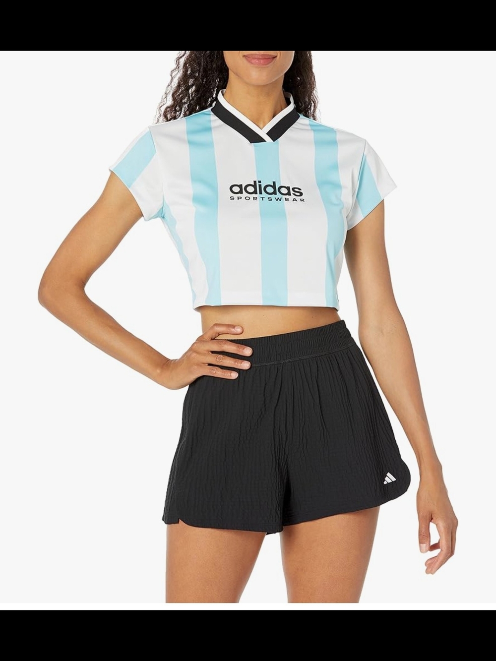 Adidas Sportswear Cropped Stripe Top in White & Light Blue